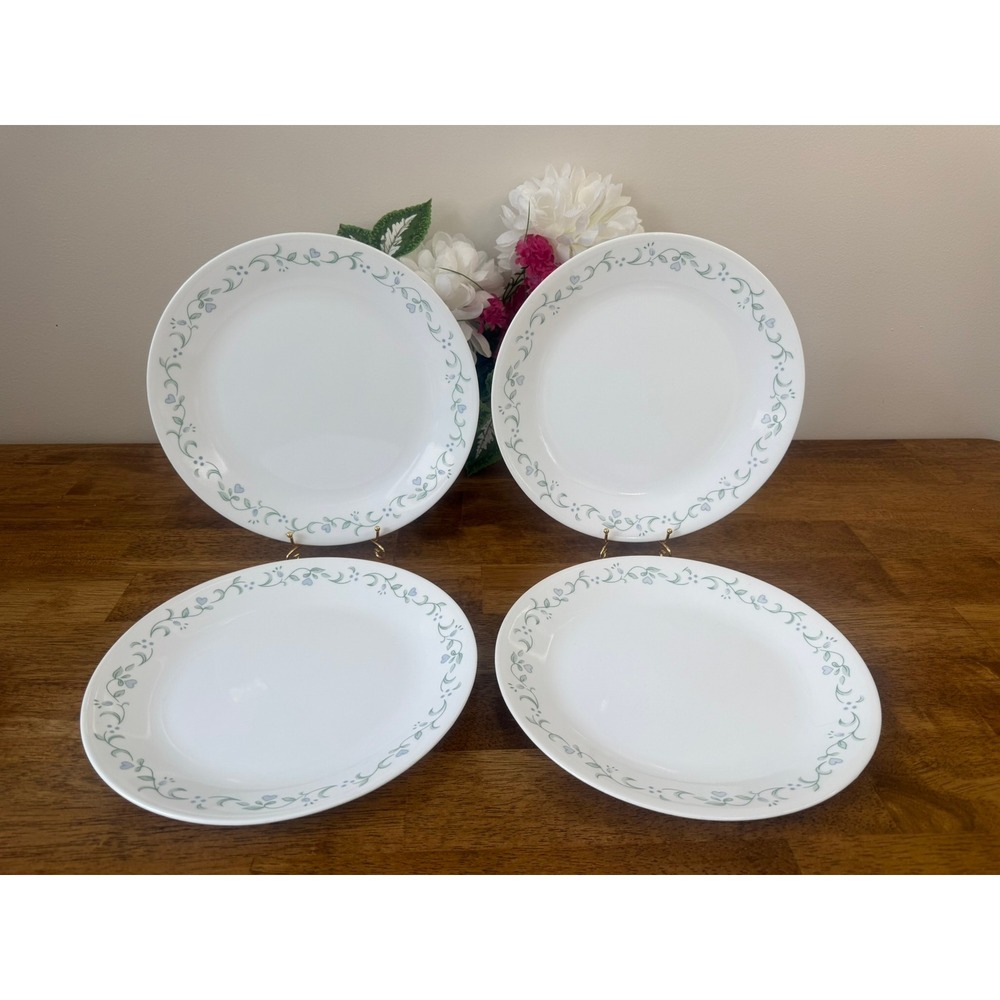 Vintage Corelle Country Cottage Dinner Plates Set 4 Green Floral Border Retro‎